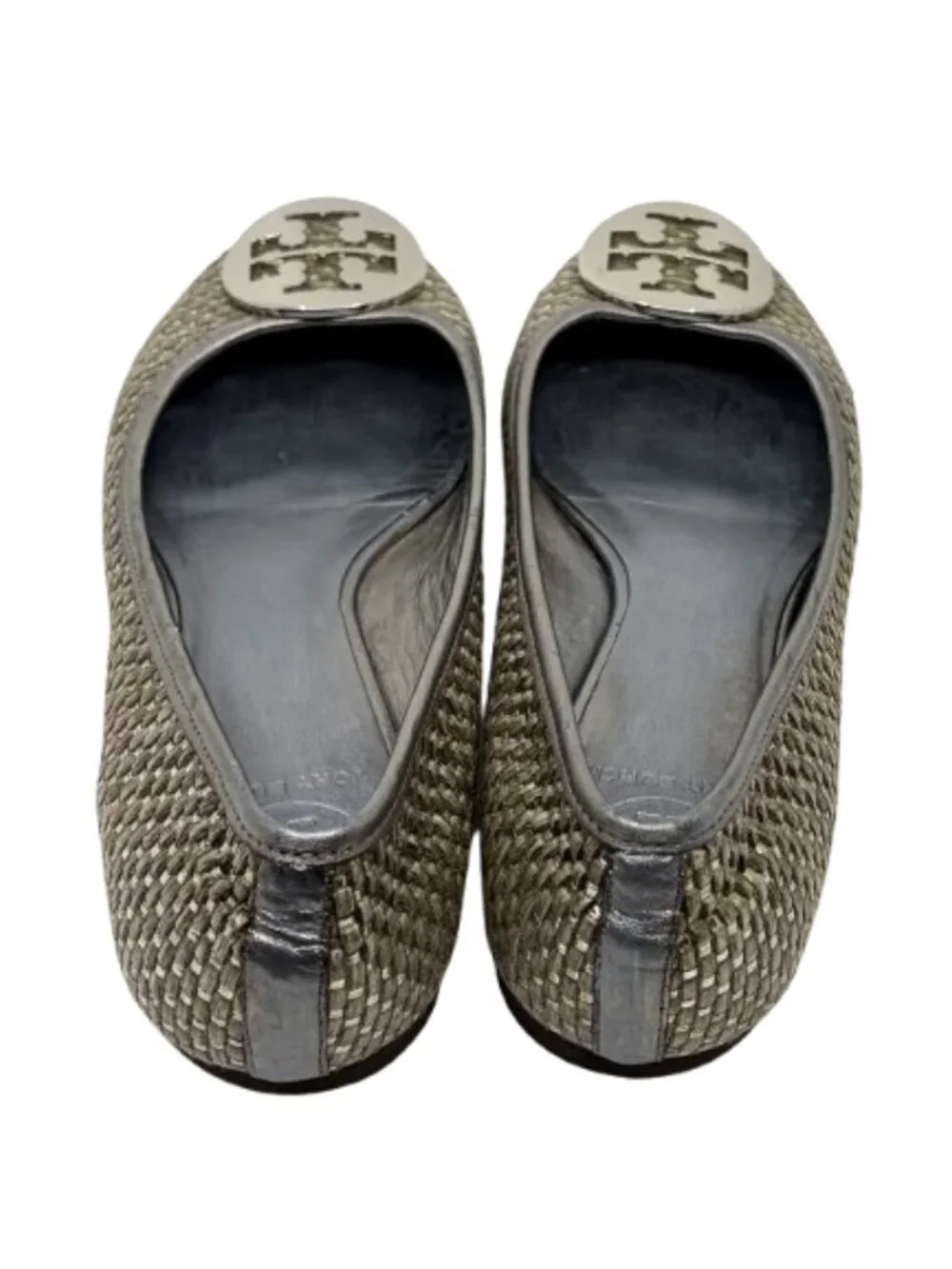 TORY BURCH~Reva Woven Metallic Ballet Flats~LEATHER SHOES in PEWTER & SILVER